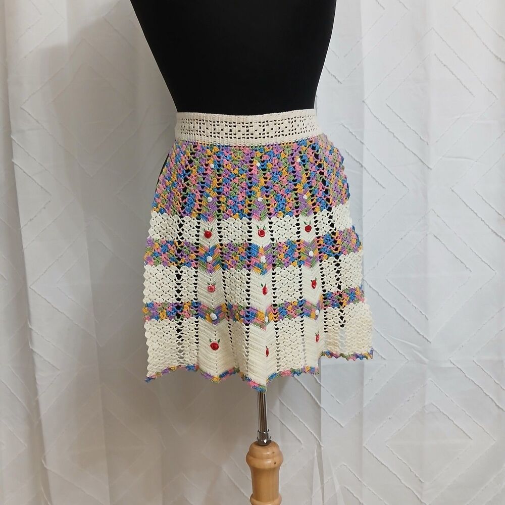 Handmade Crocheted Vintage Apron dainty feminine w Rosette Accents